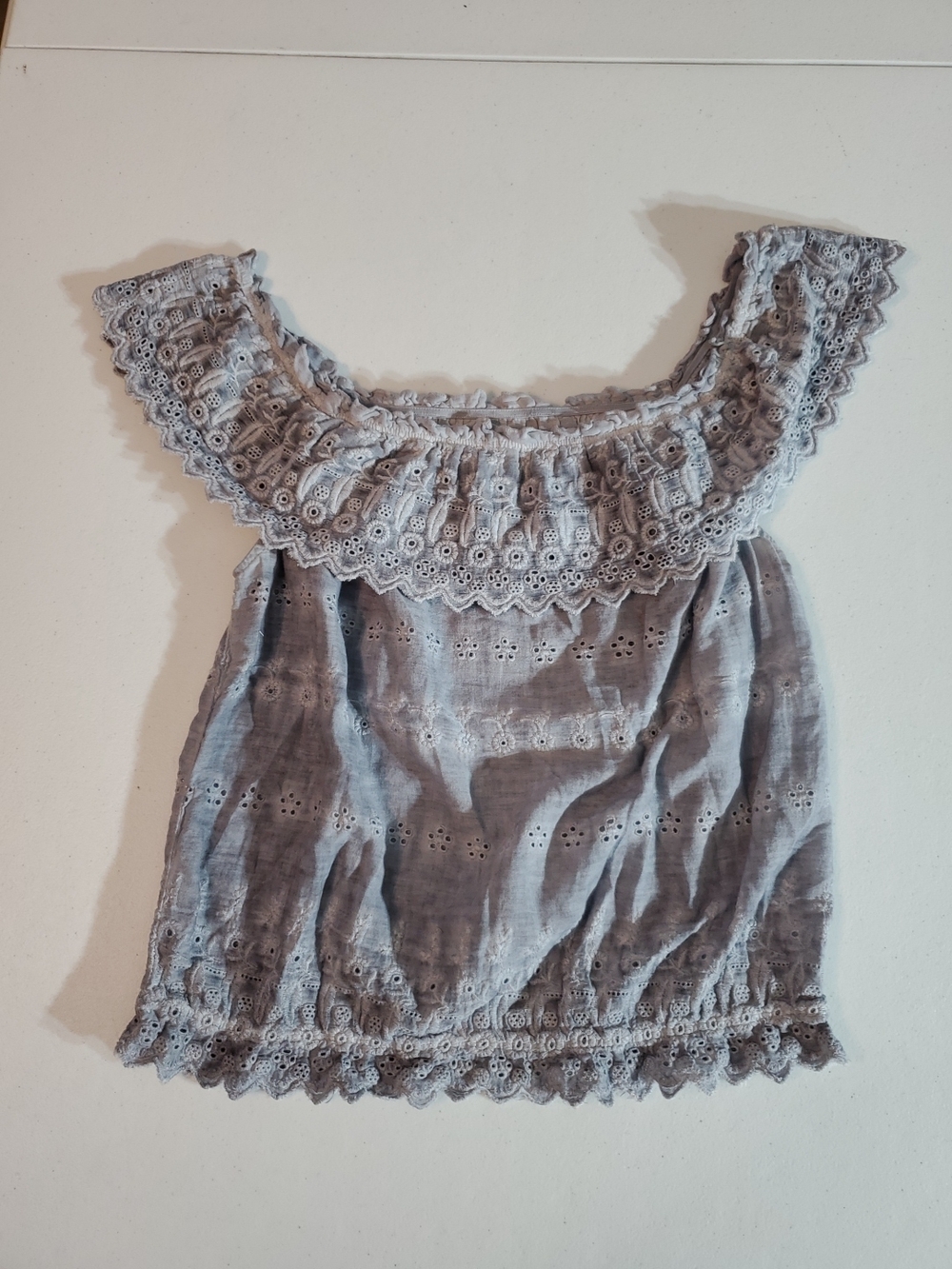 American Eagle Outfitters Light Gray Eyelet Off-Shoulder Boho Hippie Peasant Top